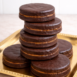 alfajores cubiertos de chocolate en bandeja